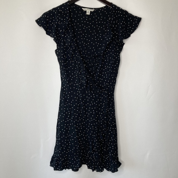 AEO Women's Black Poker Dot Pattern Wrap Mini Dress Size XS - Picture 1 of 13